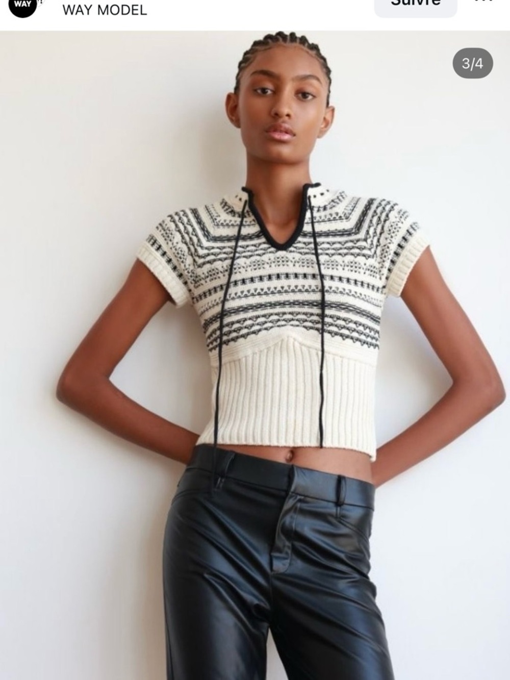 Zara Cream and Black V-Neck Cropped Knit Sweater